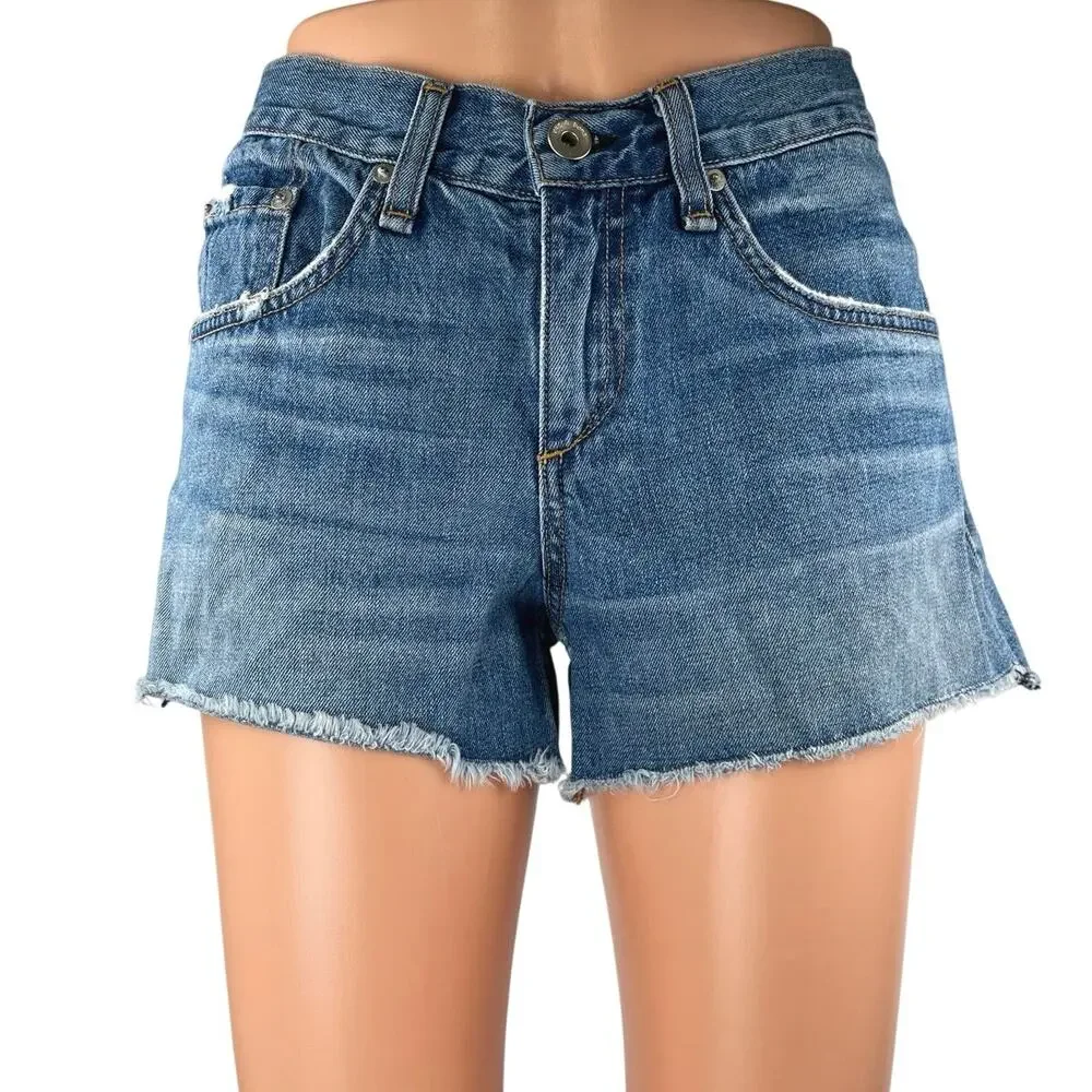 Rag & Bone Women's Blue Mid Rise Frayed Mini Cut-Off Denim Jeans Shorts Size 26